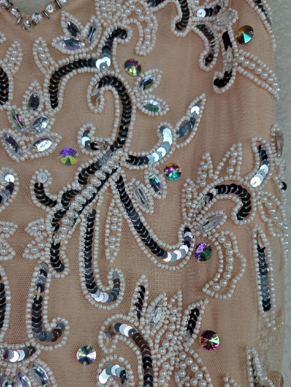 Beaded Feather Hem Nude Cocktail Dress - Picture 4 of 7